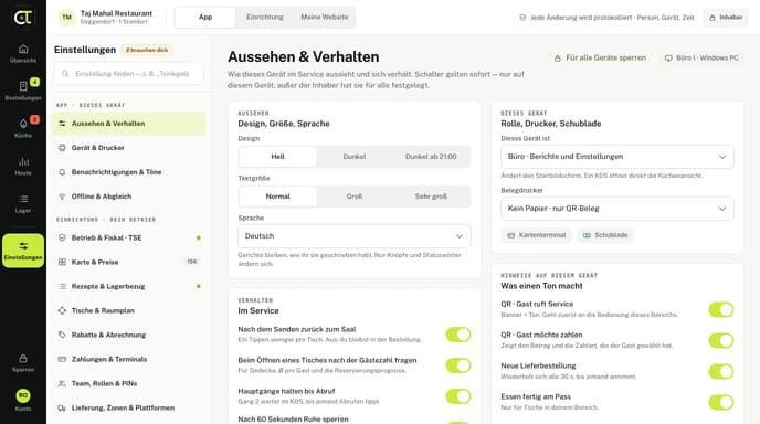 Die Einstellungen in OrderTap mit Bereichen für Gerät, Betrieb, Speisekarte, Team und Zahlungen.